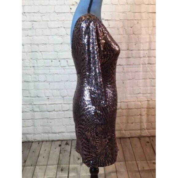 As U Wish Dress Bodycon Copper Black Sequins Low Scoop Back 3/4 Sleeve Small - Picture 3 of 7